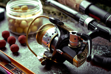 Fishing rods and spinnings in the composition with accessories for fishing on the old background on the table