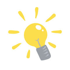 Shining yellow light bulb with rays of light. Flat isolated vector illustration on white background.