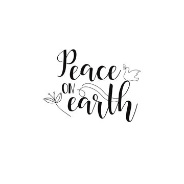 Peace on Earth. Hand written calligraphy Christmas  words on a white background. Modern calligraphy quote isolated on white background. Lettering art for poster, 