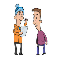 Man in hoody conducts an interview. Guy in purple sweater talks to a man with a notebook and a pen. Cartoon character vector illustration. Isolated image on white background.