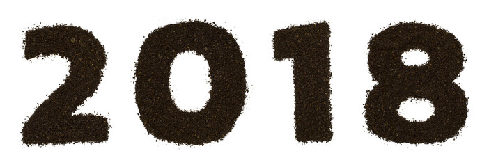 Numeral 2018 text made of ground coarse coffee isolated on white. Flat lay, top view