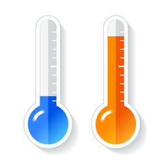 Thermometers in flat style, cold and hot temperature, design element on white background. Vector design object 