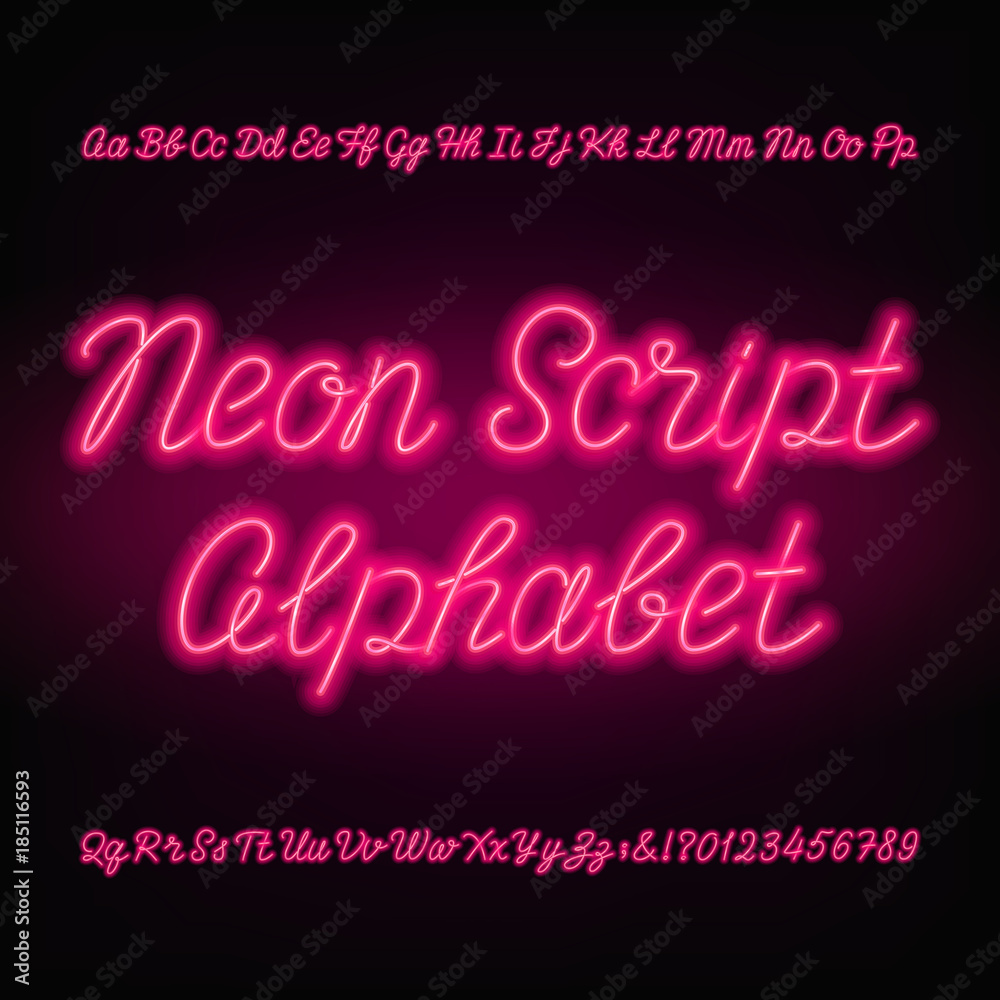 Fototapete neon script alphabet font. handwriting neon uppercase and lowercase letters and numbers. hand drawn 