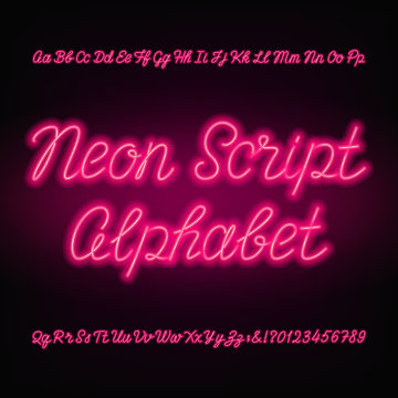 Neon script alphabet font. Handwriting neon uppercase and lowercase letters and numbers. Hand drawn vector typeface for your headers or any typography design.