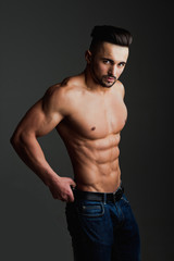 Fototapeta na wymiar Man with muscular body and bare chest or coach sportsman