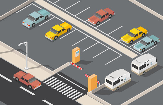 Isometric parking space cars vector illustration city background