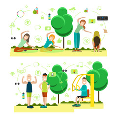 Fototapeta premium Vector set of training outside people flat symbols, icons