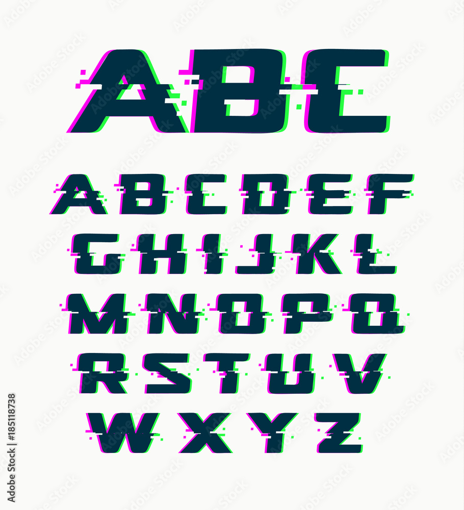Aufkleber glitch font, vector isolated abstract symbols with digital noise, modern design alphabet on white ba
