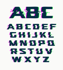 Glitch font, vector isolated abstract symbols with digital noise, modern design alphabet on white background