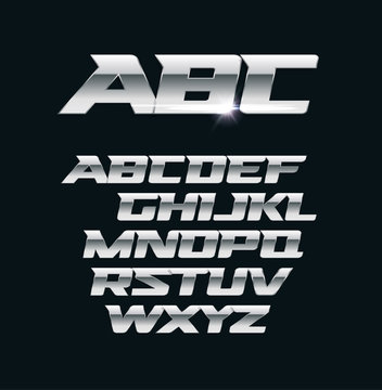 Modern chrome vector font. Metallic letters, polished steel style symbols. Aluminium bold geometric alphabet.