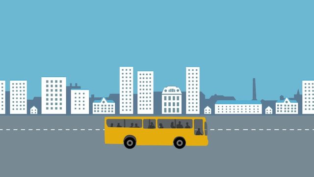 Bus on the road, animation with city and bus