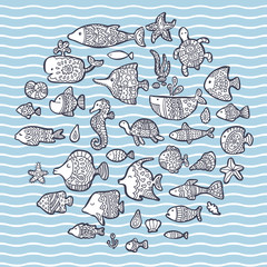 Maritime, vector set, fish in the waves. Vector design elements.