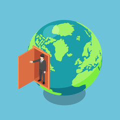 Isometric businessman open the door and come out from inside the world.