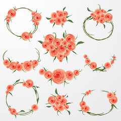 Floral Frame Collection. Set of pink rose flowers perfect for wedding invitations and birthday cards