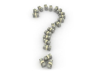 Question sign from stacks of dollars isolated on white background