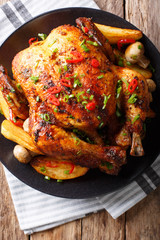 Hot grilled chicken with spicy seasonings close-up. vertical top view