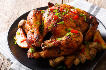 Festive food: fried chicken with mushrooms and potatoes close-up on a plate. horizontal