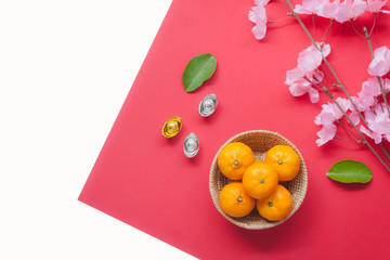 Table top view aerial of accessories and Chinese new year and Lunar new year festival concept background.Mix variety object for the season.Difference items on modern white wood at home office desk.