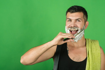 happy hipster in barbershop, new technology.