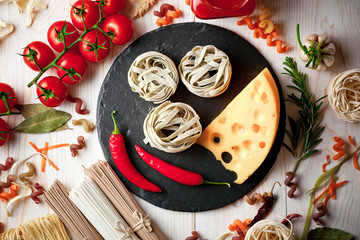 Raw pasta in the composition on the table with items for cooking