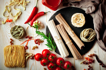 Raw pasta in the composition on the table with items for cooking