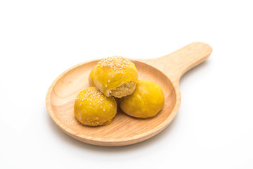 Chinese pastry or moon cake filled with mung bean paste and salted egg yolk