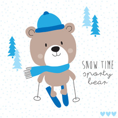 Fototapeta premium cute teddy bear skiing vector illustration