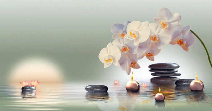 Fototapeta Wandbild mit Orchideen, Steinen im Wasser und schwimmenden Kerzen