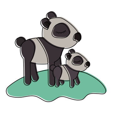 cartoon panda mom with cub over grass in watercolor silhouette