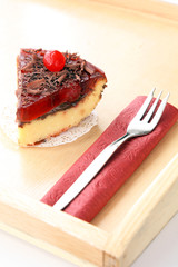 served romantic breakfast for lover: fresh baked delicious cherry cheese cake