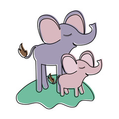 cartoon elephant mom and calf over grass in watercolor silhouette