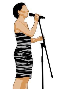 Young singer in a dress with a microphone on a white background