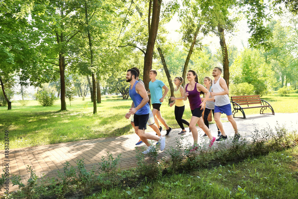 Wall mural group of young people running in park