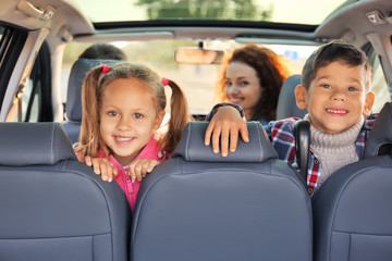 Cute children with parents in car