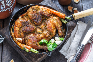 Whole roast chicken in an iron pan on dark background