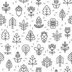 Seamless pattern with Geometrical leaves, trees and flowers. Linear style.