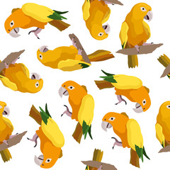 Naklejka premium Seamless colorful tropical pattern with parrot bird. Can be used for textile, website background, book cover, packaging.