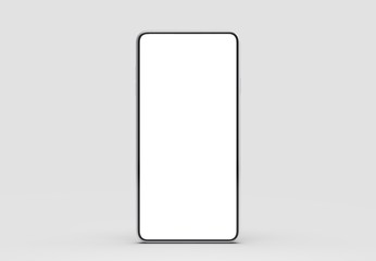 Full screen smart phone mock up isolated on soft gray background with silver case. 3D illustrating.