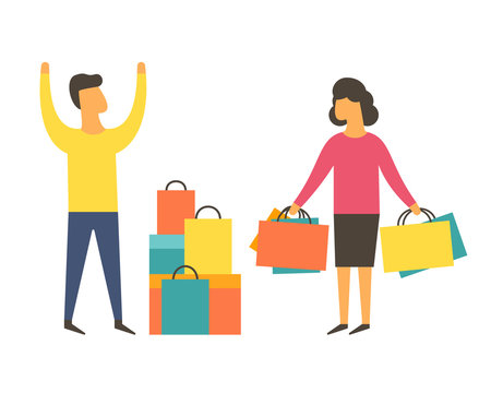 Shopaholic Woman Buying Too Much. Angry Husband. Shopping Addiction Vector