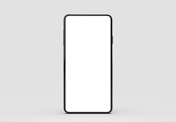 Full screen smart phone mock up isolated on soft gray background with black case. 3D illustrating.