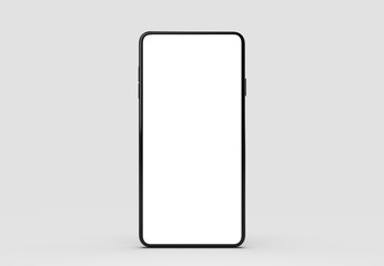 Full screen smart phone mock up isolated on soft gray background with black case. 3D illustrating.