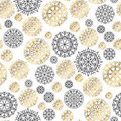 Concept vector illustration with gold and black snowflake. Holiday Christmas abstract seamless pattern for wrapping paper, surface design, background. Festive snowflake element.