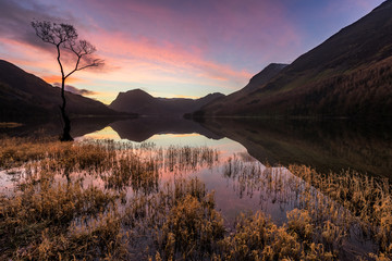 Gorgeous pink sunrise sky at Buttermere in the English Lake District with calm reflections.