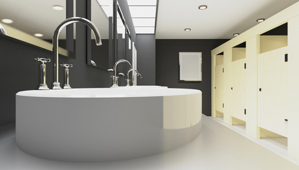 Wash basins in the public restroom. 3D rendering. Empty picture