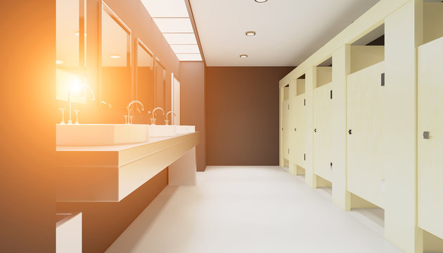 Contemporary interior of public toilet. 3D rendering. Sunset