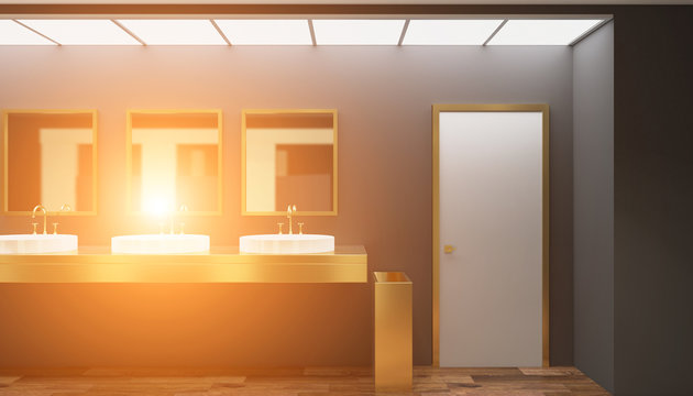 Clean public toilet room empty with wooden partition. 3D rendering. Sunset