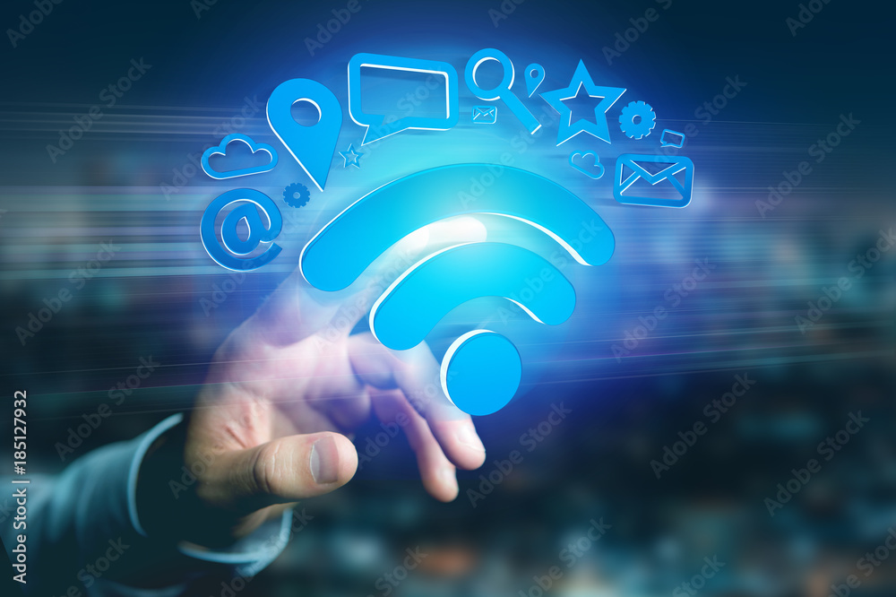 Poster wifi symbol connection surrounded by multimedia and internet application logo - 3d rendering
