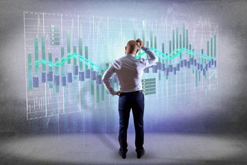 Businessman in front of a wall with  3d render Stock exchange trading