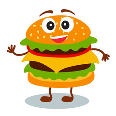 Funny, cute fast food hamburger with smiling human face isolated on white background. Beautiful vector design.