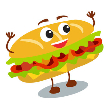Funny, cute fast food sandwich with smiling human face isolated on white background. Beautiful vector design.